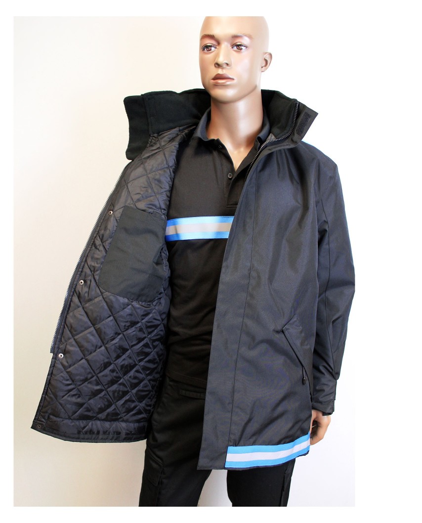 Parka EVENT noir avec bande retro et tissu bleu